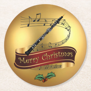 Oboe ~ Musical Rulla ~ Guld ~ "God jul" ~ Underlägg Papper Rund