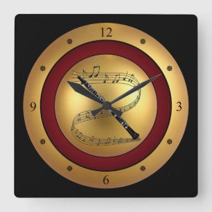 Oboe~Musical Scroll~Gold/Maroon/Black Background~ Fyrkantig Klocka