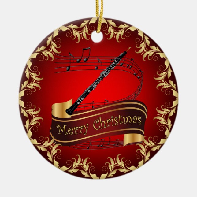 Oboe ~ Musikalisk rulle ~ God Jul ~ * ~  Julgransprydnad Keramik (Framsidan)