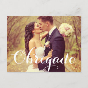 Obrigado Elegant White Script Bröllop Photo Vykort