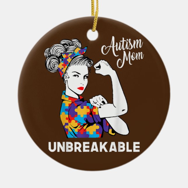 Obrytbar medvetenhet om autism i Mamma Messy Bun A Julgransprydnad Keramik (Framsidan)