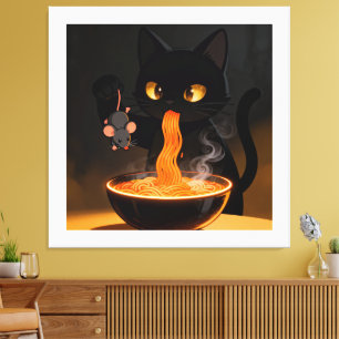 Obsidian Cat & Daring Mouse – Midnattlig Ramenfest Canvastryck
