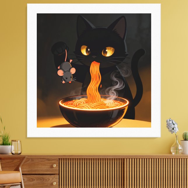 Obsidian Cat & Daring Mouse – Midnattlig Ramenfest Canvastryck (Insitu (Vardagsrum))