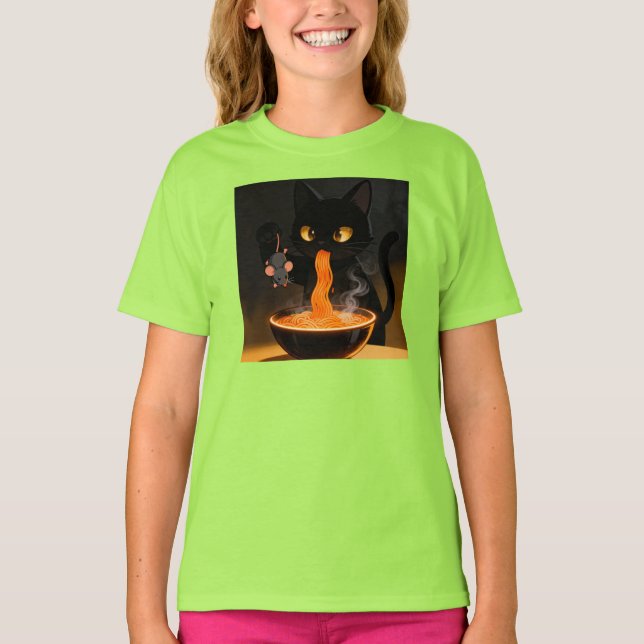 Obsidian Cat & Daring Mouse – Midnight Ramen Feast T Shirt (Framsida)