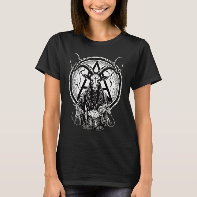 Occult Gothic Demon Head  Baphomet With Horns T Shirt (Framsida)