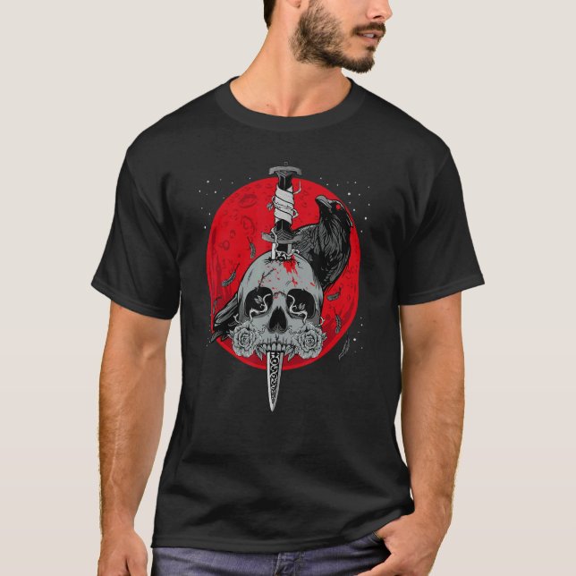 Occult Magic Raven Skull Knivar Red Måne T Shirt (Framsida)