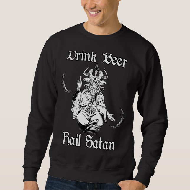 Occult Satanic Goth Baphomet Drink Beer Hail Satan Lång Ärmad Tröja (Framsida)
