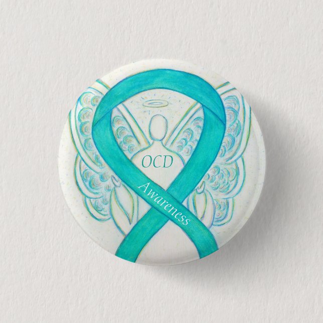 OCD-medvetenhet Ribbon Teal Guardian Angel Art Sti Knapp (Framsida)