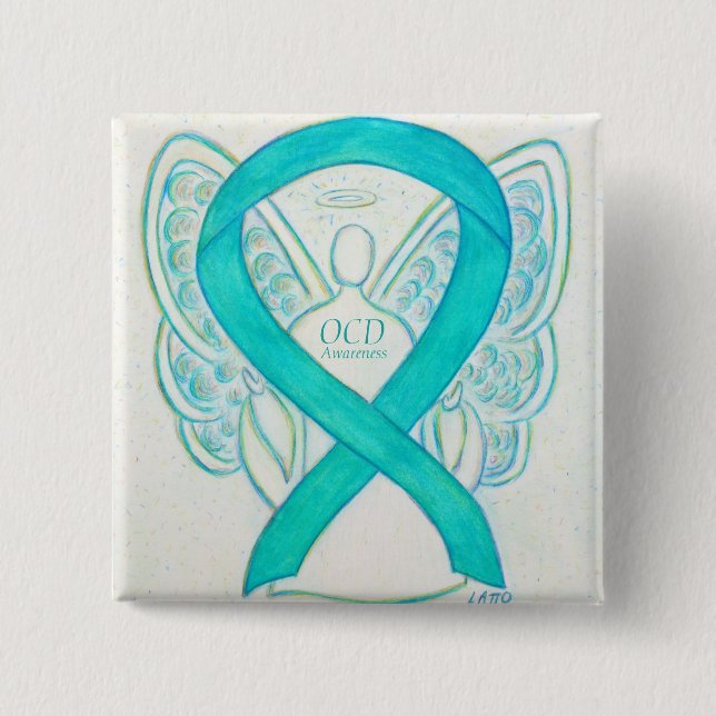 OCD Teal Awareness Ribbon Angel Anpassningsbar Pin Knapp (Framsida)