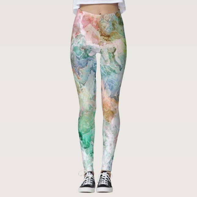 Ocean Abstrakt Vattenfärg Grunge Mönster Leggings (Framsida)