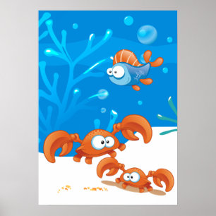 Ocean Akvatisk Söt Krabba Rolig Fisk Poster