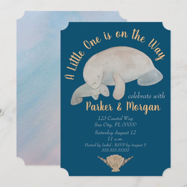 Ocean Animal Manatee Baby Shower Inbjudningar (Fram/baksida)