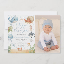 Ocean Animal Under The Sea 2nd Birthday Photo Inbjudningar