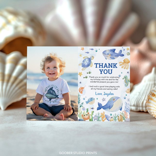 Ocean Animals Boy under Sea Birthday Photo Tack Kort (Skapare uppladdad)