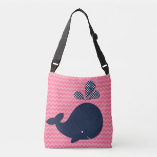 Ocean Animals Navy Whale on Rosa Chevron Tote Bag Axelväska