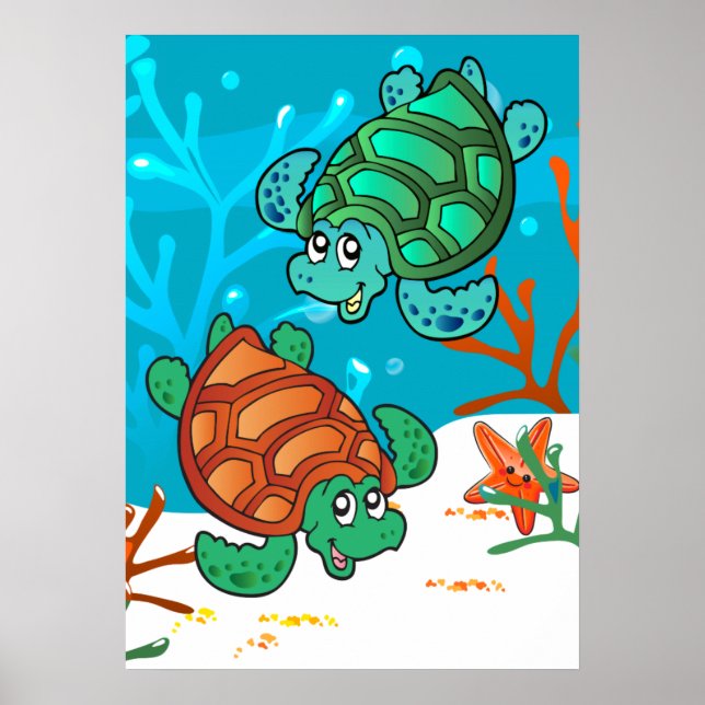 Ocean Aquatic Cute Turtle Starfish Kids Room P Poster (Framsidan)
