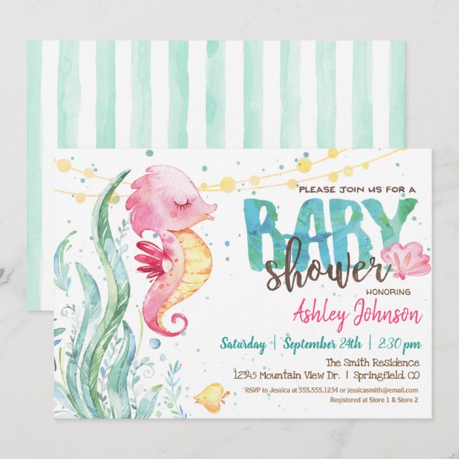 Ocean Baby Shower, Girl Rosa Seahorse-inbjudan Inbjudningar (Fram/baksida)