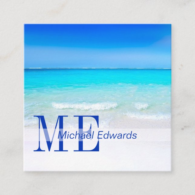 Ocean Beach Aqua Blue Sea Travel Modern Monogram Fyrkantigt Visitkort (Framsida)