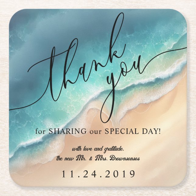 Ocean Beach Blue Watercolor, sommar Party Underlägg Papper Kvadrat (Framsidan)