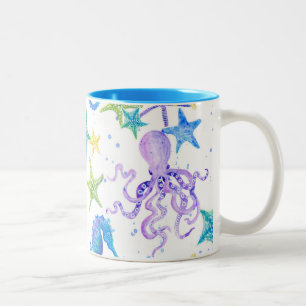 Ocean Beach Coastal Shore Octopus Seahorse Decor Två-Tonad Mugg