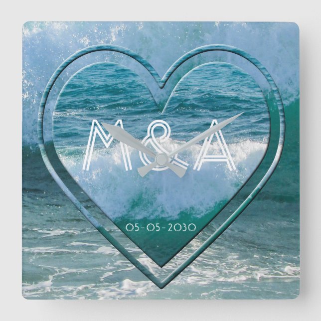 Ocean, Beach Life Bröllop par Initialer och Date Fyrkantig Klocka (Framsida)