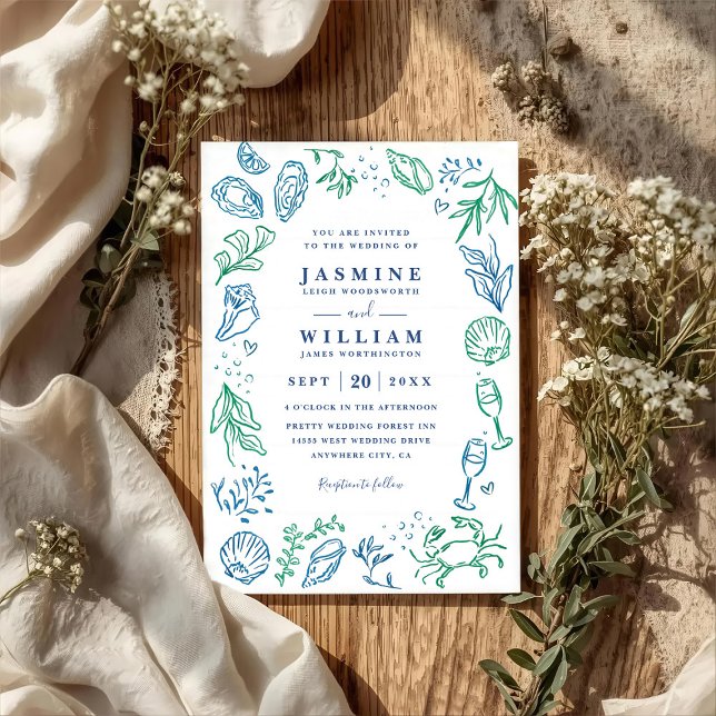 Ocean Beach Nautical Shell Elegant QR Code Wedding Inbjudningar (Skapare uppladdad)