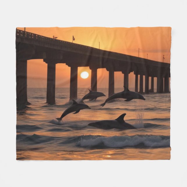 Ocean Beach Pier - Beach Sunset Dolphins Fleecefilt (Framsidan (Horisontell))