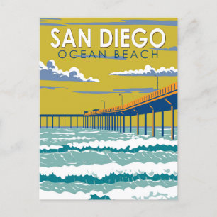 Ocean Beach San Diego Travel Art Vintage Vykort