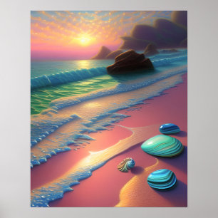 Ocean Beach Scene Seashells fantasi Art Poster
