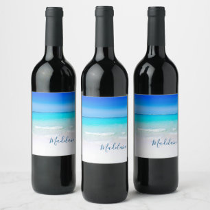 Ocean Beach Sea Personal Namn Aqua Blue Modern Vinflaska Etikett