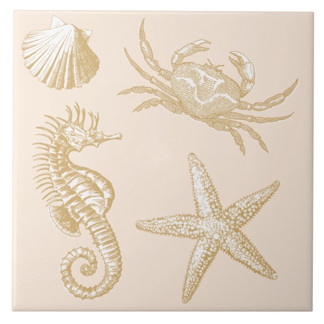 Ocean Beach Seahorse Starfish Crab & Snäcka Mönste Kakelplatta (Framsidan)