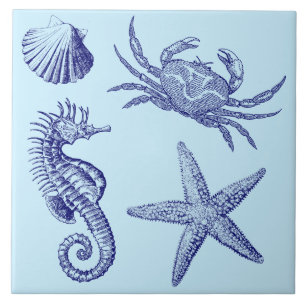 Ocean Beach Seahorse Starfish Crab & Snäcka Mönste Kakelplatta
