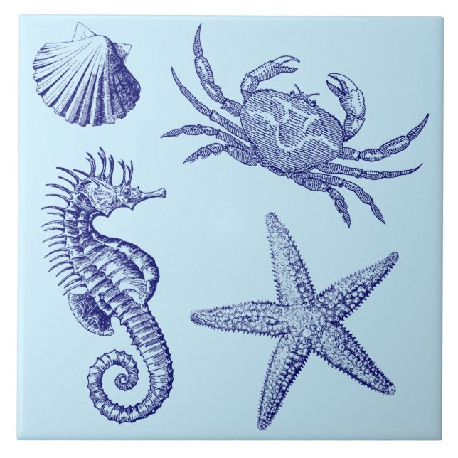 Ocean Beach Seahorse Starfish Crab & Snäcka Mönste Kakelplatta (Framsidan)
