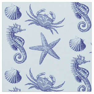Ocean Beach Seahorse Starfish Crab & Snäcka Mönste Tyg