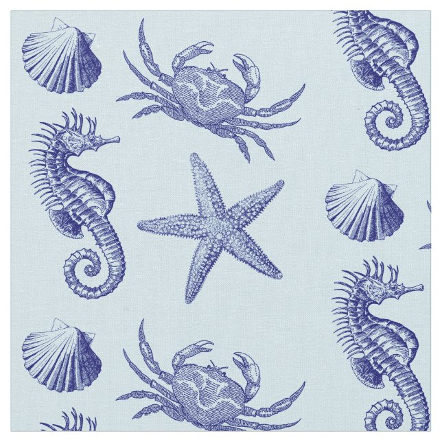 Ocean Beach Seahorse Starfish Crab & Snäcka Mönste Tyg (Närbild)