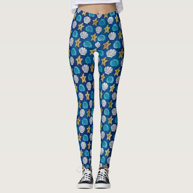 Ocean Beach Seashells Starfish Blue Yoga Leggings (Framsida)