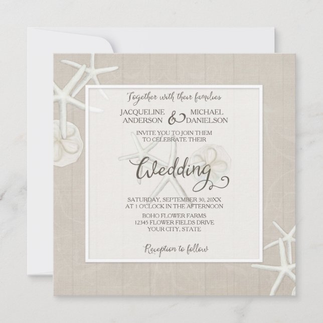 Ocean Beach Wedand Starfish Damask Wooden Rustic Inbjudningar (Framsida)