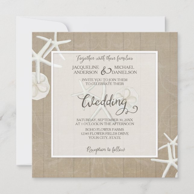 Ocean Beach Wedding Starfish Wood Damask Rustic Inbjudningar (Framsida)