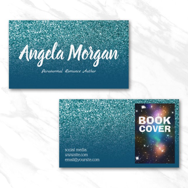 Ocean Blå och Teal Ombre Glitter Foto Författare Visitkort (Ocean Blue and Teal Ombre Glitter Photo Author Business Card)
