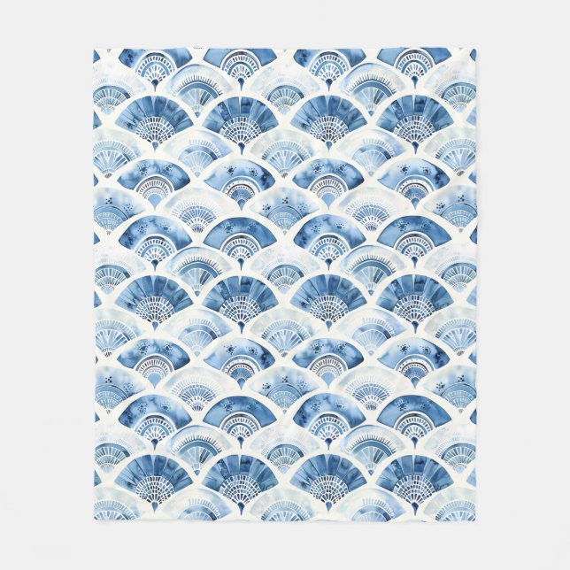 Ocean Blått Vattenfärg Geometrisk Art Deco Fleecefilt (Framsidan)