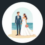 Ocean Bliss Wedding Stickers Runt Klistermärke<br><div class="desc">Romantisk bröllopscen på stranden med ett par lycklig under en båge,  perfekt för bröllop dekoration och fira kärlek vid havet.</div>