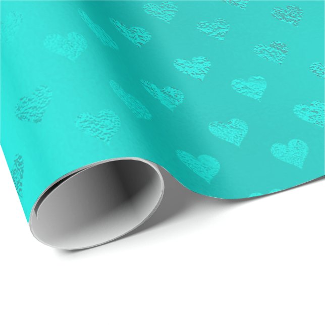 Ocean Blue Aqua Metallic Hearts Beach Wedding Presentpapper (Rullad Hörn)