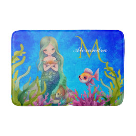 Ocean Blue Cute Monogram Namn Sjöjungfru Bath Mat Badrumsmatta