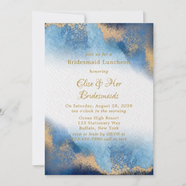 Ocean Blue Golden Watercolor Bridesmaids Luncheon Inbjudningar (Framsida)