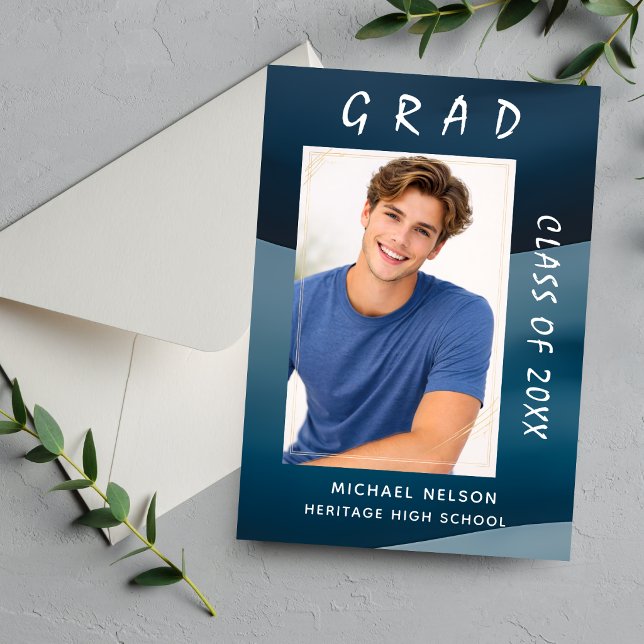 Ocean Blue Grad Photo Invitation Card Inbjudningar (mockup1 back)