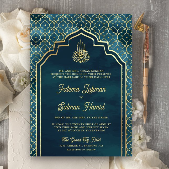 Ocean Blue Guld maroccan Arch Muslim Bröllop Inbjudningar (Skapare uppladdad)
