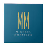 Ocean Blue Guld Monogram Initial Brev Namn Kakelplatta<br><div class="desc">Representera dig med den här moderna eleganten. Den här mallen kan anpassas för att uppfylla alla professioneller.</div>