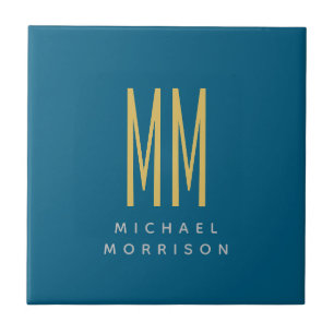 Ocean Blue Guld Monogram Initial Brev Namn Kakelplatta