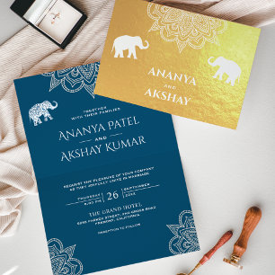 Ocean Blue Henna Elephant Indian Bröllop Guld Folierat Kort