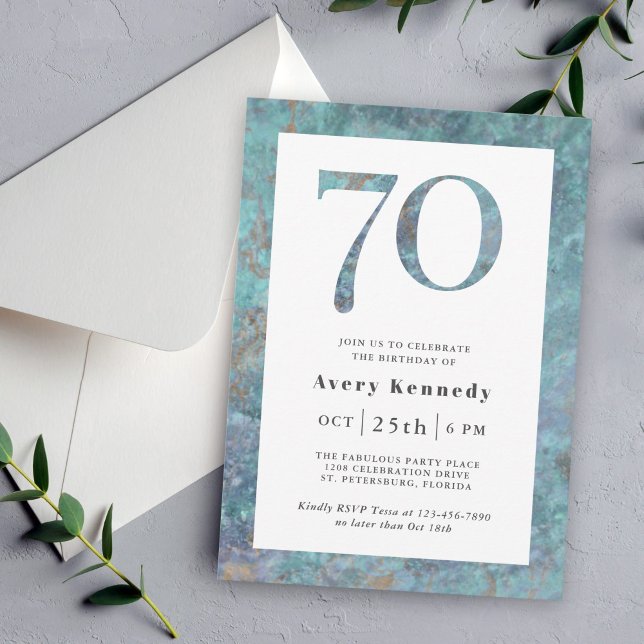 Ocean Blue Marble Modern 70:e Födelsedagsfesten Inbjudningar (Ocean Blue Marble 70th Birthday Party Invitation)